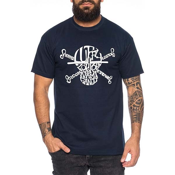 Camiseta Calavera Luffy Nombres Mugiwaras Azul Osc