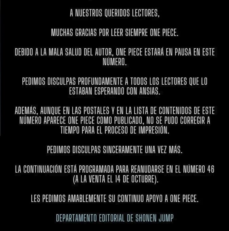 Comunicado pausa one piece anime manga